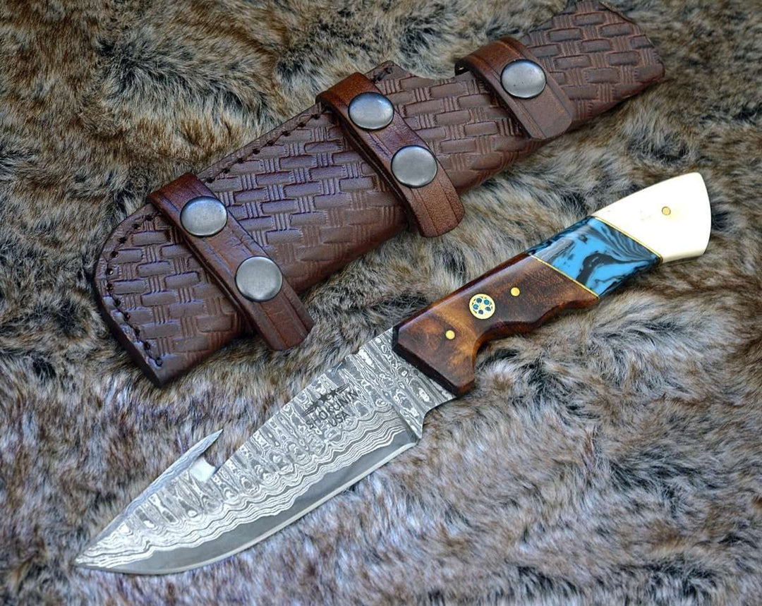 Damascus Knife - Harmony Gut Hook Hunting Knife with Rosewood Bone &amp; Turquoise Handle - Shokunin USA