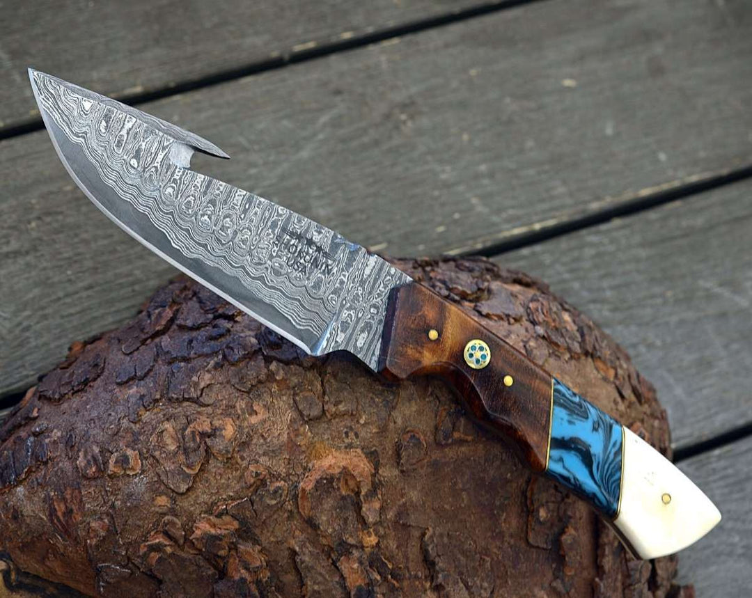 Damascus Knife - Harmony Gut Hook Hunting Knife with Rosewood Bone &amp; Turquoise Handle - Shokunin USA