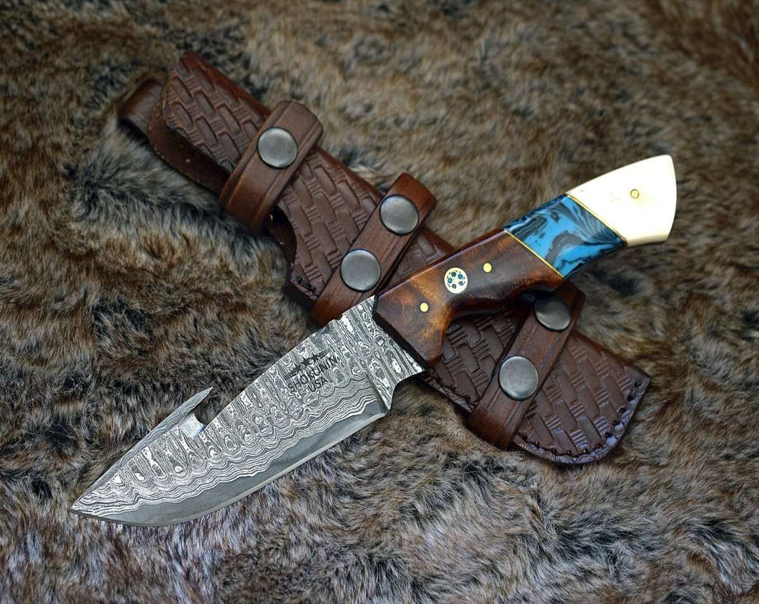Damascus Knife - Harmony Gut Hook Hunting Knife with Rosewood Bone &amp; Turquoise Handle - Shokunin USA