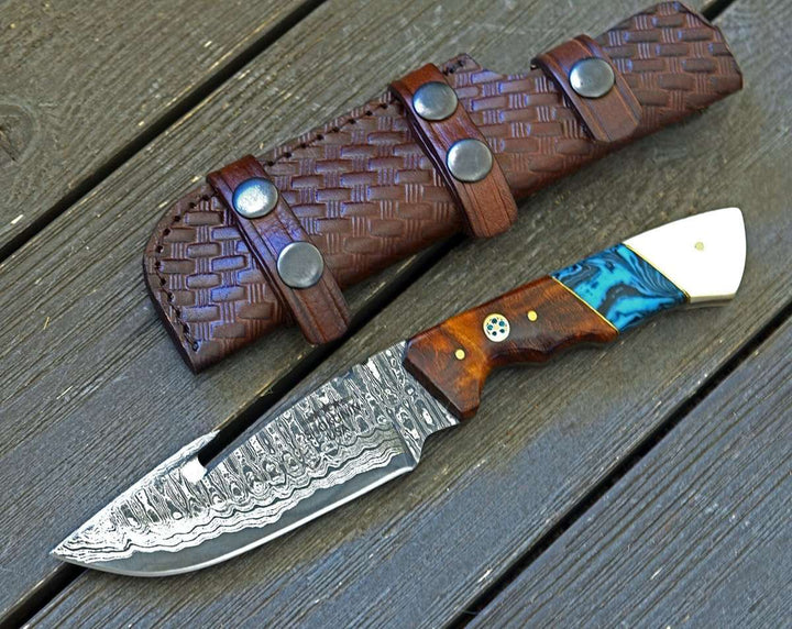 Damascus Knife - Harmony Gut Hook Hunting Knife with Rosewood Bone &amp; Turquoise Handle - Shokunin USA