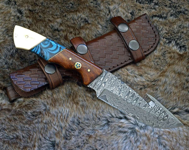 Damascus Knife - Harmony Gut Hook Hunting Knife with Rosewood Bone &amp; Turquoise Handle - Shokunin USA
