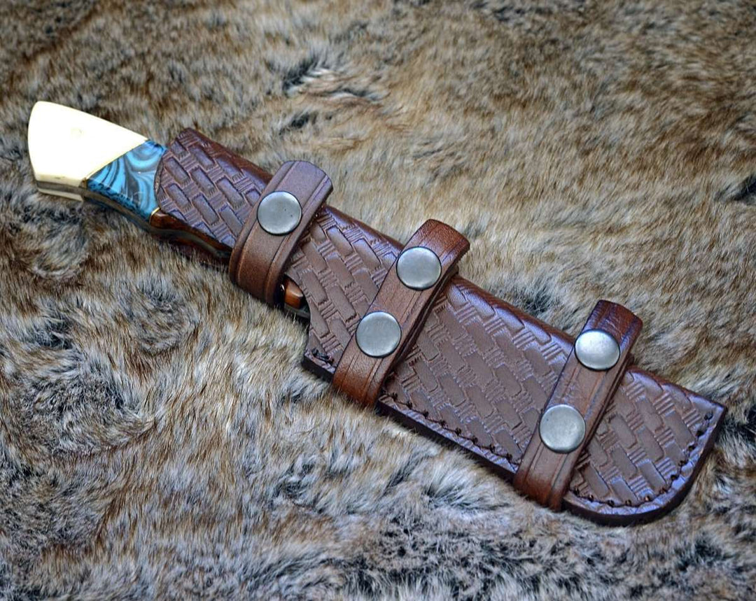 Damascus Knife - Harmony Gut Hook Hunting Knife with Rosewood Bone &amp; Turquoise Handle - Shokunin USA