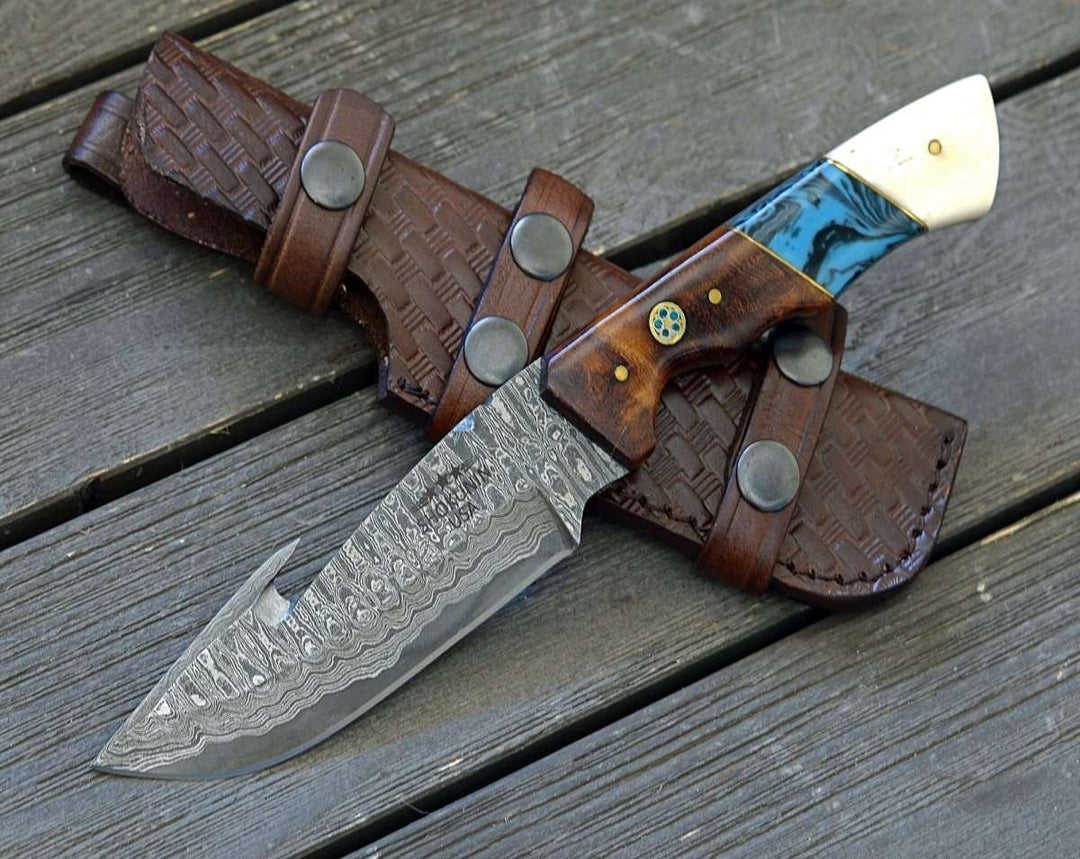 Damascus Knife - Harmony Gut Hook Hunting Knife with Rosewood Bone &amp; Turquoise Handle - Shokunin USA