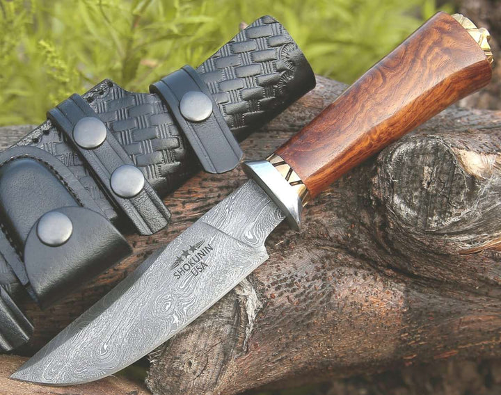 Holy Defender Damascus Hunting Knife with Exotic Rose Wood Handle - Shokunin USA