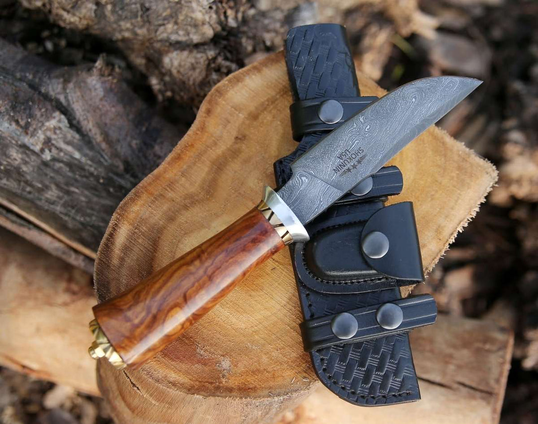 Holy Defender Damascus Hunting Knife with Exotic Rose Wood Handle - Shokunin USA