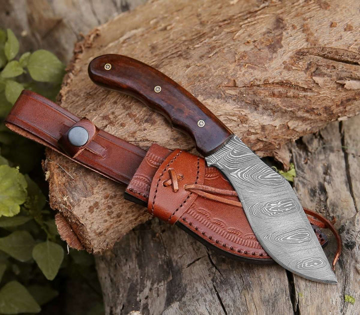 Huntsman Damascus Kukri Knife with Exotic Rose Wood Handle - Shokunin USA