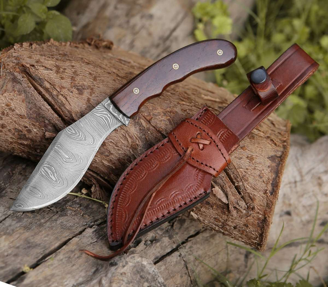 Huntsman Damascus Kukri Knife with Exotic Rose Wood Handle - Shokunin USA