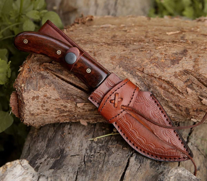 Huntsman Damascus Kukri Knife with Exotic Rose Wood Handle - Shokunin USA
