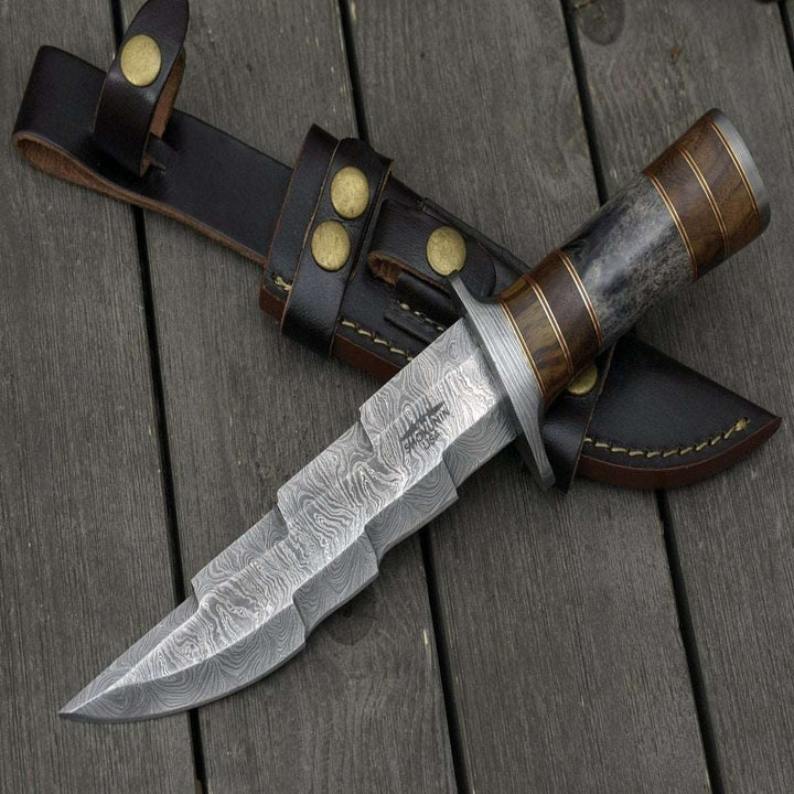 Utility Knife - Kris Damascus Hunting Bowie Knife with Exotic Rose wood &amp; Bone handle - Shokunin USA