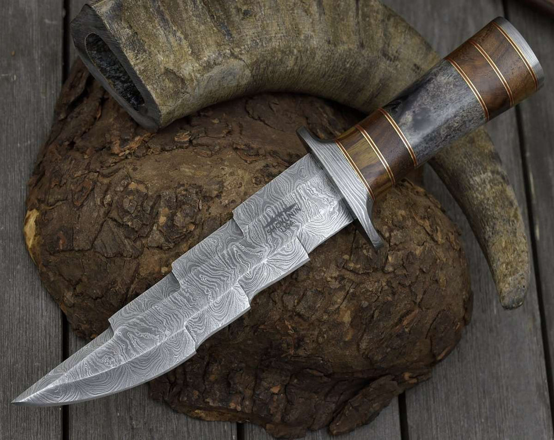 Utility Knife - Kris Damascus Hunting Bowie Knife with Exotic Rose wood &amp; Bone handle - Shokunin USA