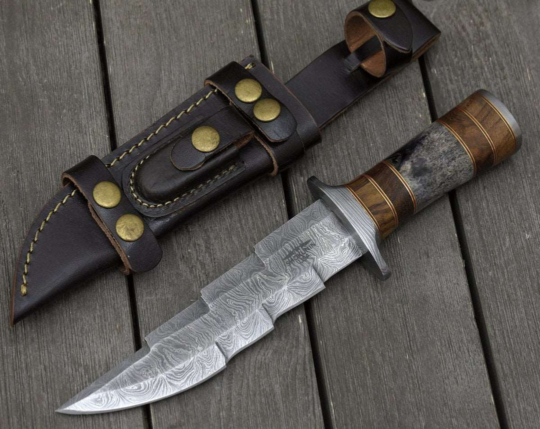 Utility Knife - Kris Damascus Hunting Bowie Knife with Exotic Rose wood &amp; Bone handle - Shokunin USA