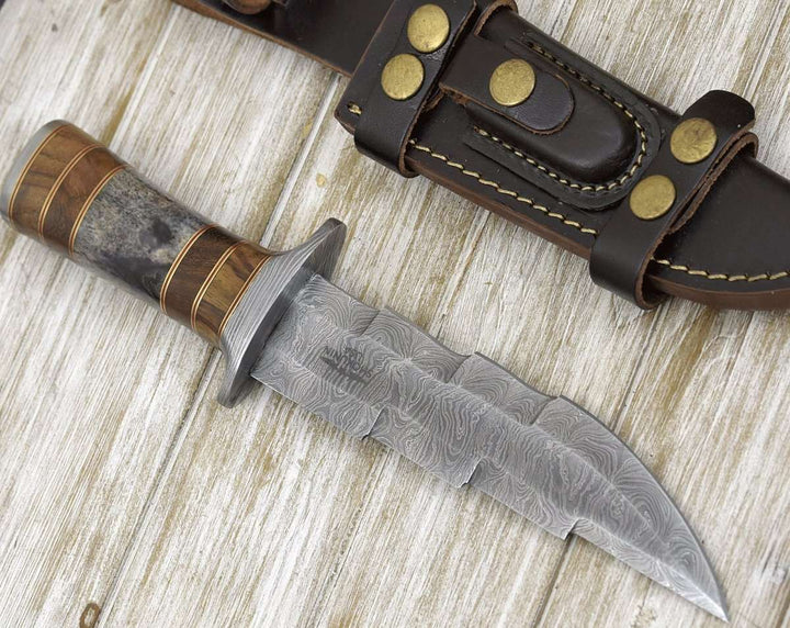 Utility Knife - Kris Damascus Hunting Bowie Knife with Exotic Rose wood &amp; Bone handle - Shokunin USA