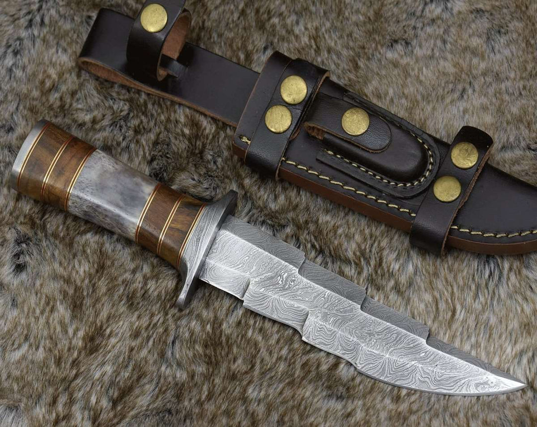 Utility Knife - Kris Damascus Hunting Bowie Knife with Exotic Rose wood &amp; Bone handle - Shokunin USA