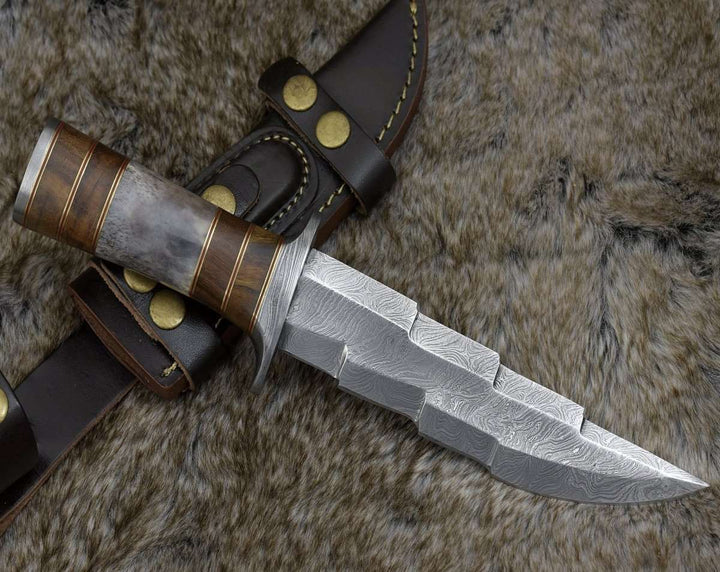 Utility Knife - Kris Damascus Hunting Bowie Knife with Exotic Rose wood &amp; Bone handle - Shokunin USA