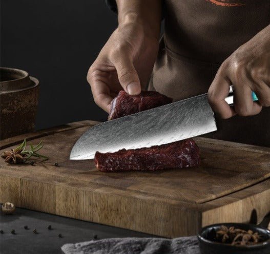 Chef knife - Kurenai VG10 Chef Knife Damascus Santoku Knife with Exotic Olive Wood &amp; River Handle - Shokunin USA