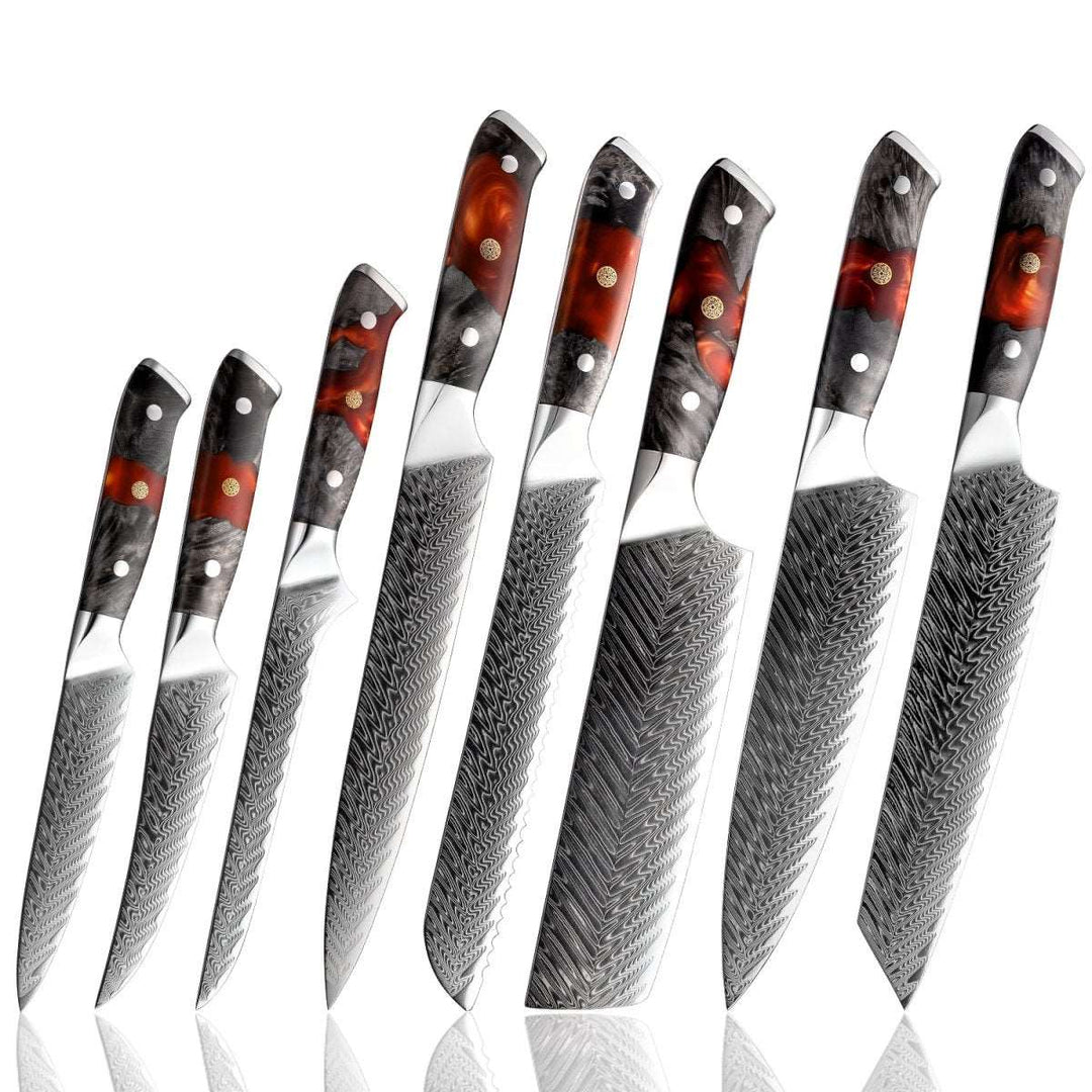 Supreme VG10 8-Pc Professional Chef Knife Set with Stained Olive Wood Handle & Sheath - Shokunin USA