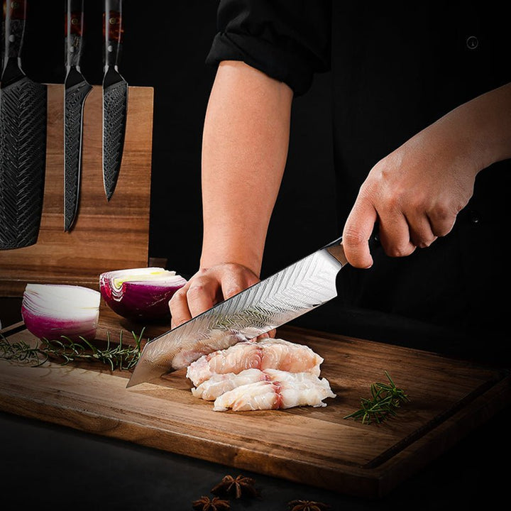 Supreme VG10 8-Pc Professional Chef Knife Set with Stained Olive Wood Handle &amp; Sheath - Shokunin USA