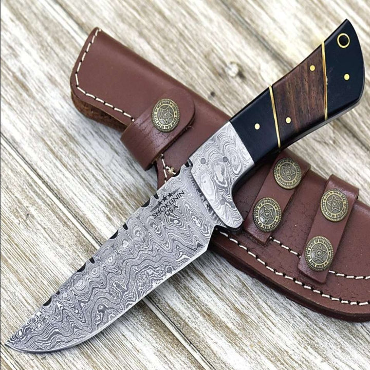Damascus Knife - Momentum Damascus Knife with Horn &amp; Rosewood Handle - Shokunin USA
