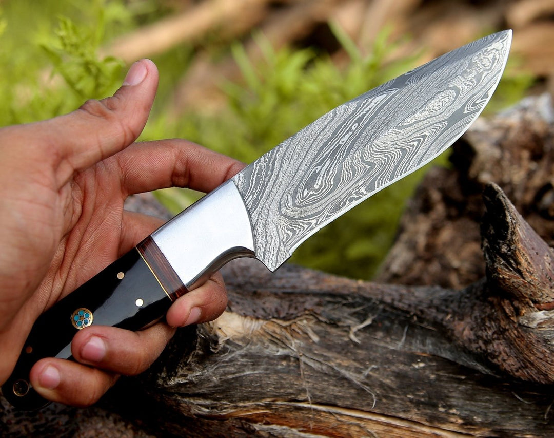 Nimbus Damascus Hutning Knife with Horn &amp; Rose Wood Handle - Shokunin USA