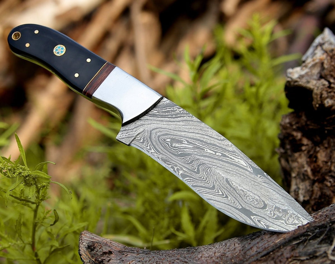 Nimbus Damascus Hutning Knife with Horn &amp; Rose Wood Handle - Shokunin USA