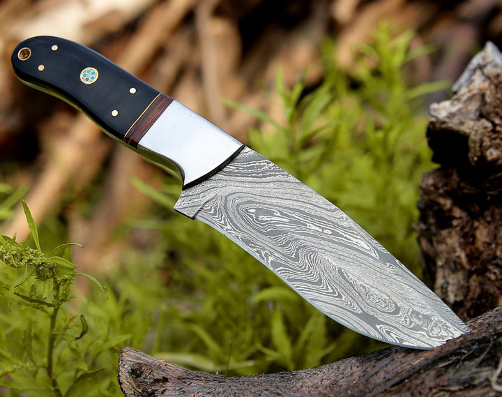 Nimbus Damascus Hutning Knife with Horn &amp; Rose Wood Handle - Shokunin USA