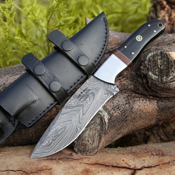 Nimbus Damascus Hutning Knife with Horn &amp; Rose Wood Handle - Shokunin USA