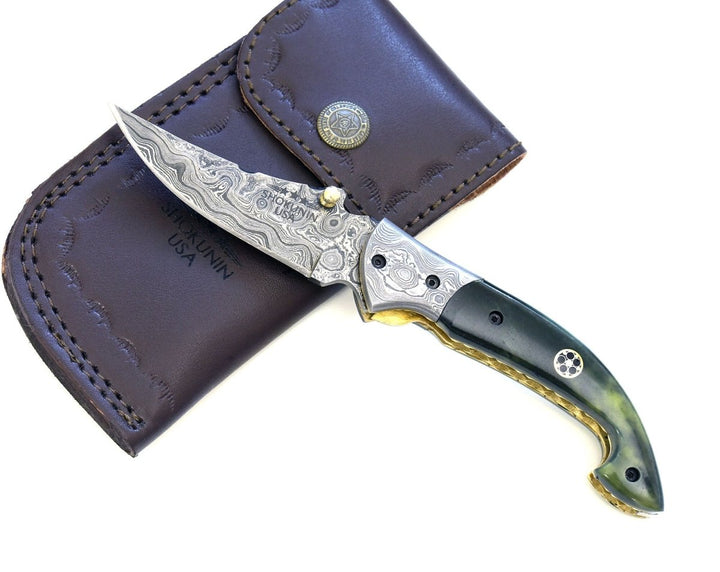 Pocket Knives - Omni Damascus Pocket Knife with Bone handle &amp; Sheath - Shokunin USA