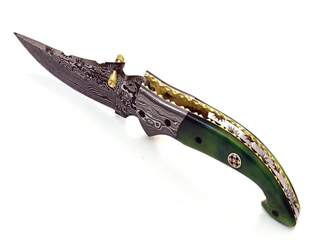 Pocket Knives - Omni Damascus Pocket Knife with Bone handle &amp; Sheath - Shokunin USA