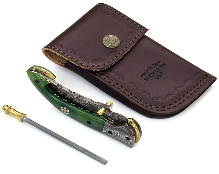Pocket Knives - Omni Damascus Pocket Knife with Bone handle &amp; Sheath - Shokunin USA