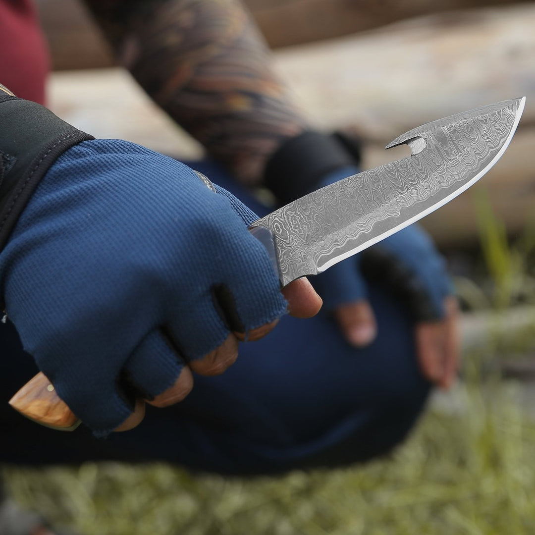 PrimalEdge Damascus Gut Hook Knife with Exotic Wenge Wood and Turquoise Handle - Shokunin USA