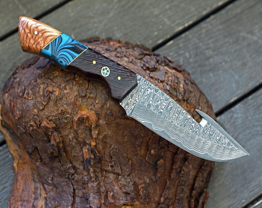 PrimalEdge Damascus Gut Hook Knife with Exotic Wenge Wood and Turquoise Handle - Shokunin USA