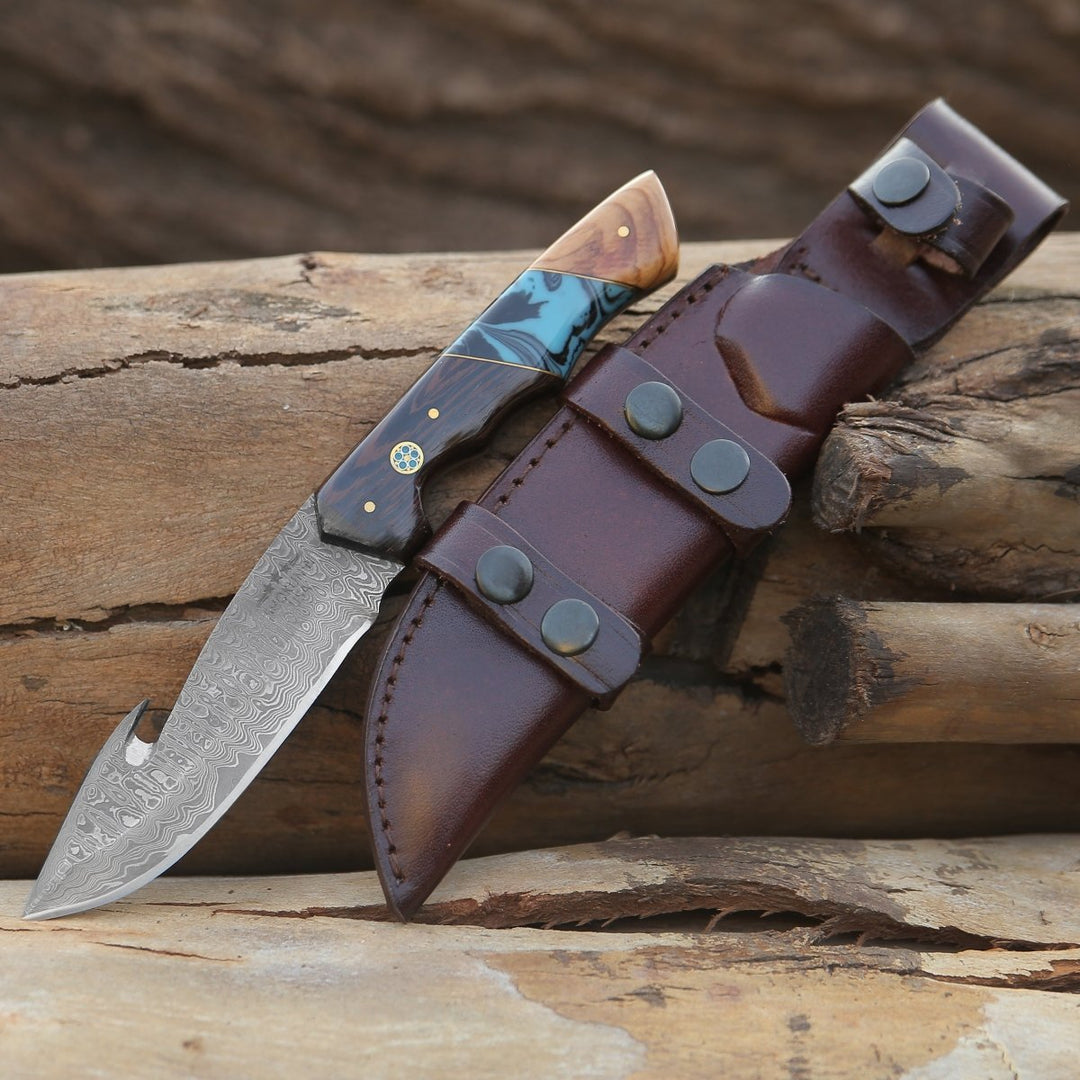 PrimalEdge Damascus Gut Hook Knife with Exotic Wenge Wood and Turquoise Handle - Shokunin USA