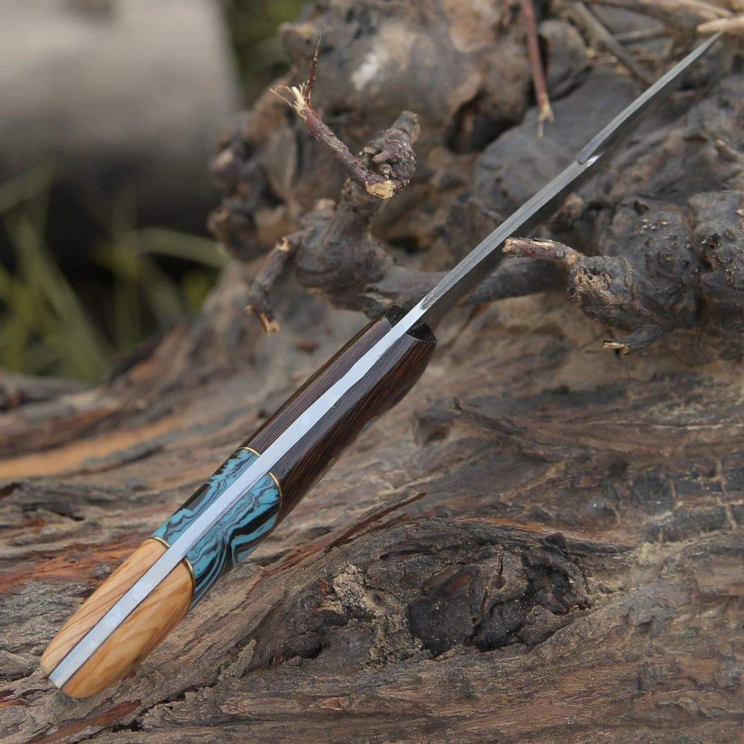 PrimalEdge Damascus Gut Hook Knife with Exotic Wenge Wood and Turquoise Handle - Shokunin USA