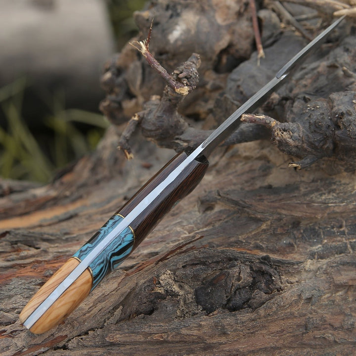 PrimalEdge Damascus Gut Hook Knife with Exotic Wenge Wood and Turquoise Handle - Shokunin USA