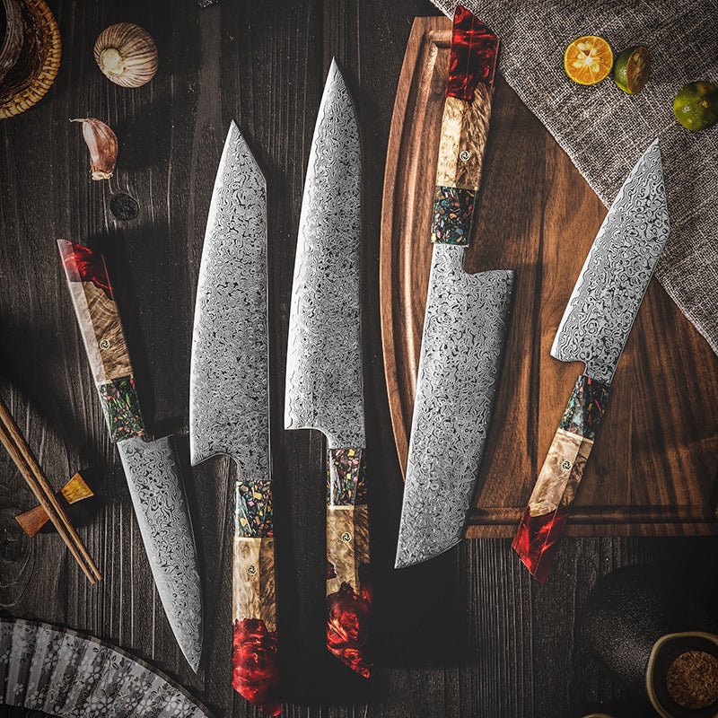 Pristine Japanese Chef Knife Set with VG-10 Damascus Steel Exotic Stabilized Olive Wood Handle & Sheath - Shokunin USA