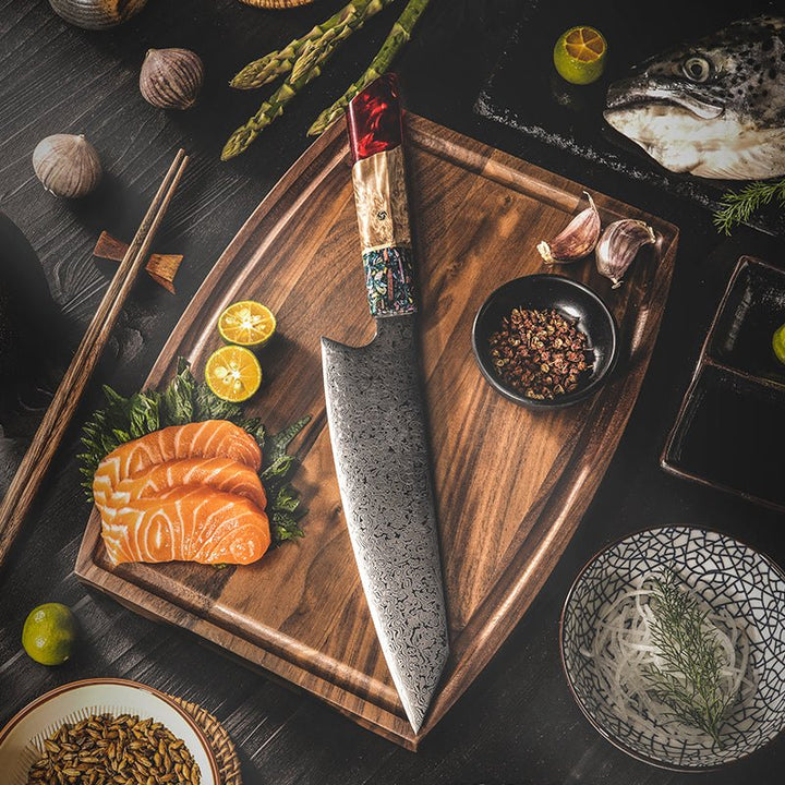 Pristine Japanese Chef Knife Set with VG-10 Damascus Steel Exotic Stabilized Olive Wood Handle &amp; Sheath - Shokunin USA