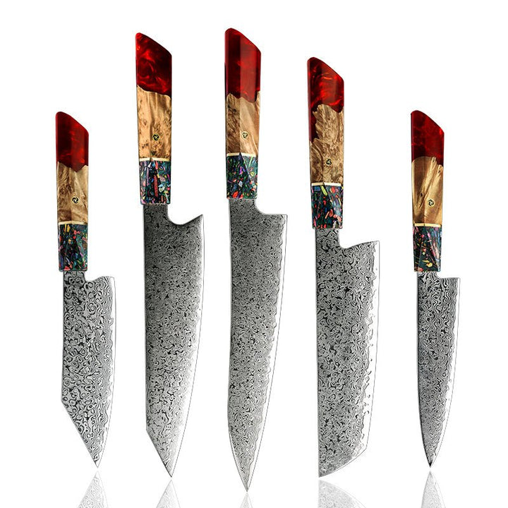 Pristine Japanese Chef Knife Set with VG-10 Damascus Steel Exotic Stabilized Olive Wood Handle &amp; Sheath - Shokunin USA