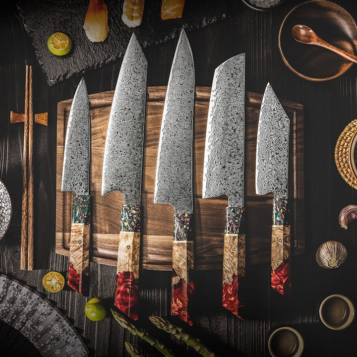 Pristine Japanese Chef Knife Set with VG-10 Damascus Steel Exotic Stabilized Olive Wood Handle &amp; Sheath - Shokunin USA