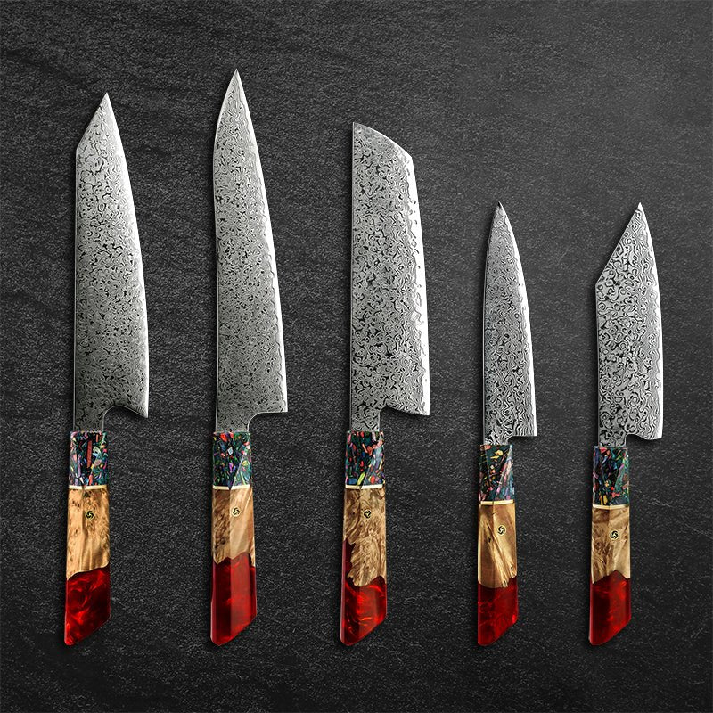 Pristine Japanese Chef Knife Set with VG-10 Damascus Steel Exotic Stabilized Olive Wood Handle &amp; Sheath - Shokunin USA