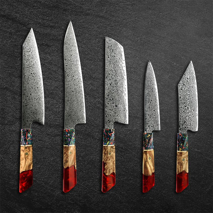 Pristine Japanese Chef Knife Set with VG-10 Damascus Steel Exotic Stabilized Olive Wood Handle &amp; Sheath - Shokunin USA