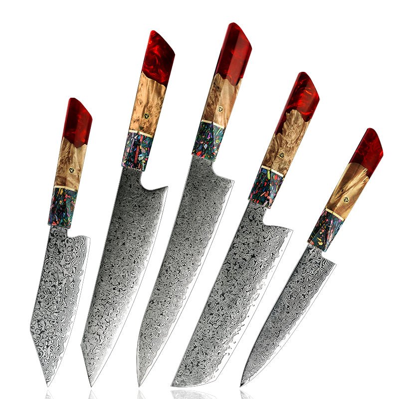 Pristine Japanese Chef Knife Set with VG-10 Damascus Steel Exotic Stabilized Olive Wood Handle &amp; Sheath - Shokunin USA