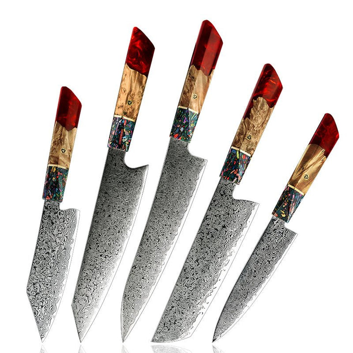 Pristine Japanese Chef Knife Set with VG-10 Damascus Steel Exotic Stabilized Olive Wood Handle &amp; Sheath - Shokunin USA