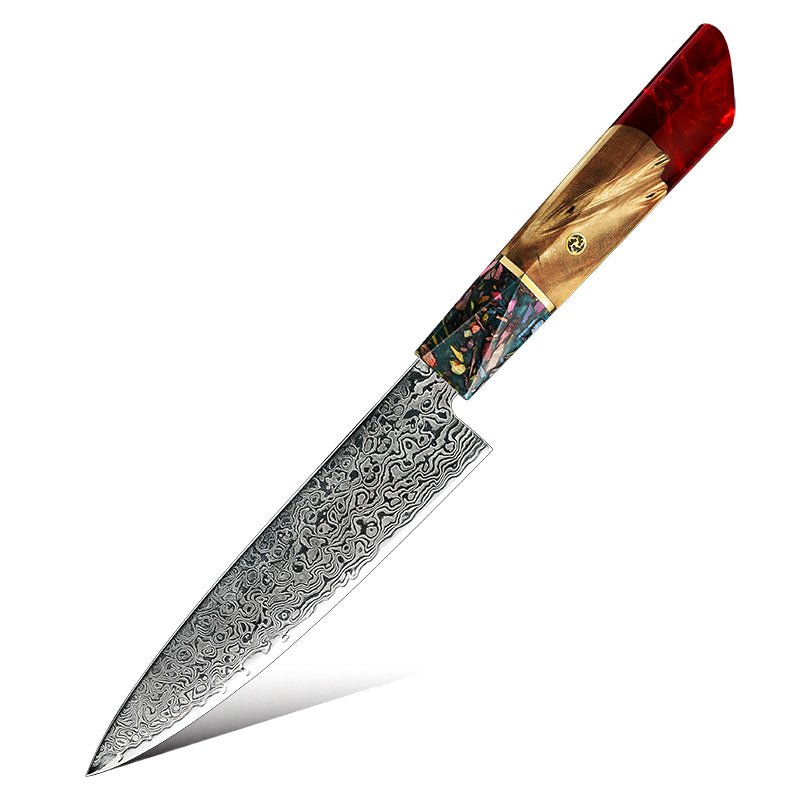 Pristine Japanese Chef Knife Set with VG-10 Damascus Steel Exotic Stabilized Olive Wood Handle &amp; Sheath - Shokunin USA