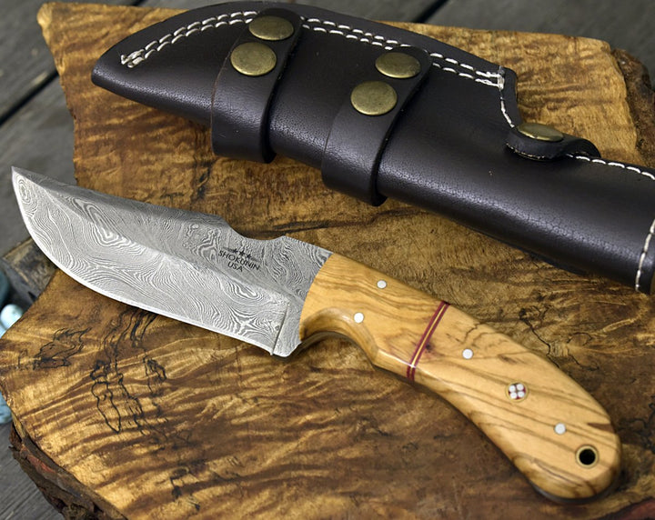 Damascus Knife - Puma Damascus Steel Hunting Knife Olive Wood Handle &amp; Sheath - Shokunin USA