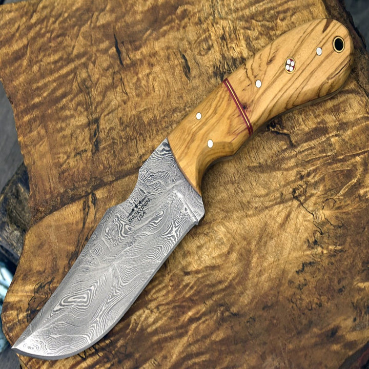 Damascus Knife - Puma Damascus Steel Hunting Knife Olive Wood Handle &amp; Sheath - Shokunin USA