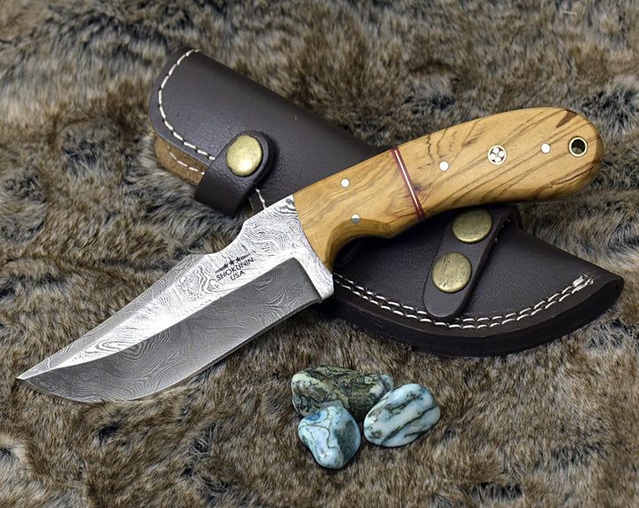 Damascus Knife - Puma Damascus Steel Hunting Knife Olive Wood Handle &amp; Sheath - Shokunin USA