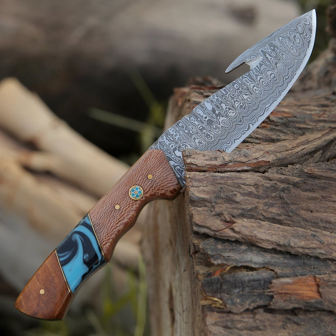 Python Damascus Gut Hook Knife with Exotic Leopard Wood &amp; Turquoise Handle - Shokunin USA