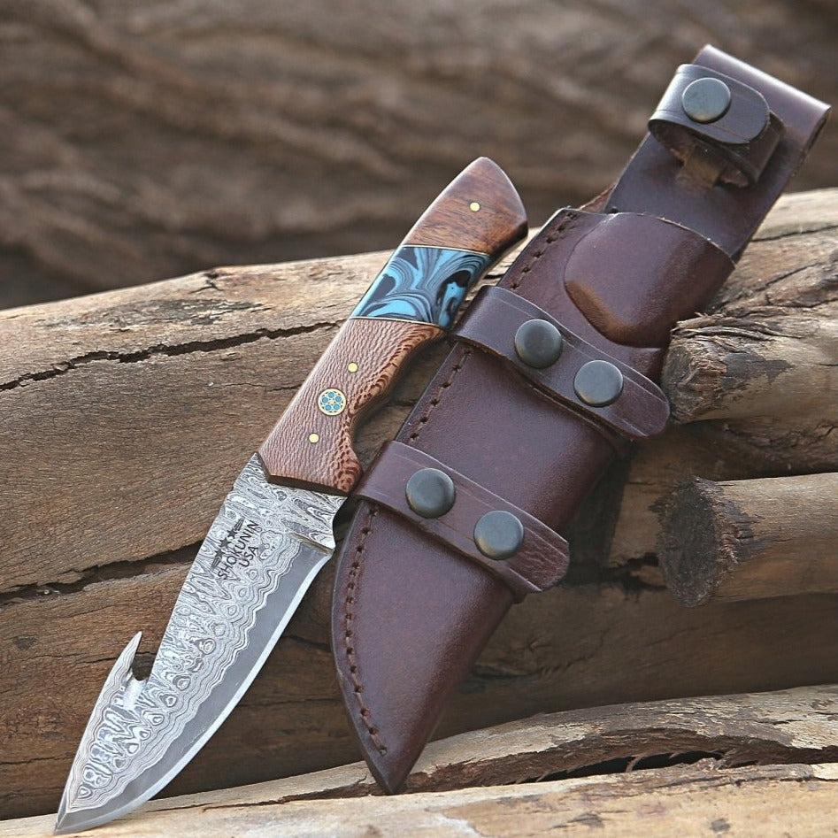 Python Damascus Gut Hook Knife with Exotic Leopard Wood & Turquoise Handle - Shokunin USA