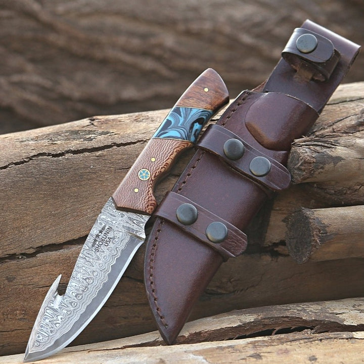 Python Damascus Gut Hook Knife with Exotic Leopard Wood &amp; Turquoise Handle - Shokunin USA