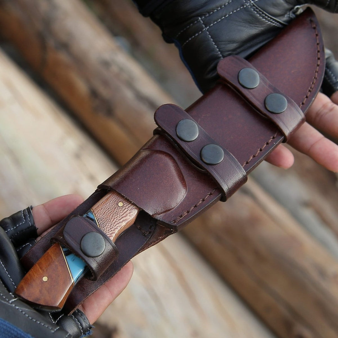 Python Damascus Gut Hook Knife with Exotic Leopard Wood &amp; Turquoise Handle - Shokunin USA
